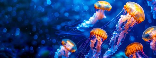 AI Generated Luminous jellyfish swimming in deep blue sea photo