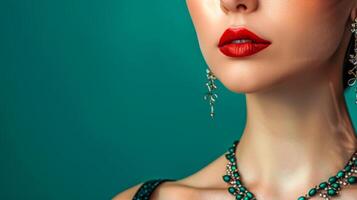 ai generado atractivo rojo labios y elegante joyería en verde azulado antecedentes foto