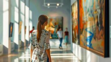 ai generado mujer contemplando Arte en galería foto