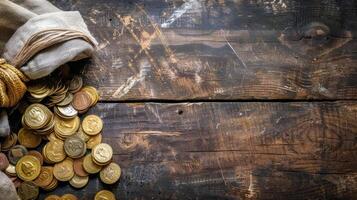 AI Generated Vintage treasure. coins spilling from sack on wooden table photo