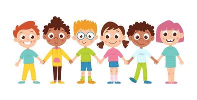 un grupo de niños participación manos. internacional Niños y chicas. amistad concepto. vector plano dibujos animados ilustración