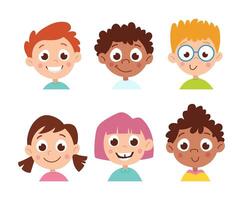 Set of avatars of happy international children. Boys and girls icons. Vector flat cartoon illustration isolated on white