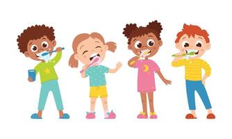 conjunto de internacional Niños y chicas. niños y higiene. un niño cepillos su dientes. vector plano dibujos animados ilustración