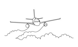 A continuous line of an airplane flies above the clouds. Line art. Black simple line on a white background. Vector linear illustration