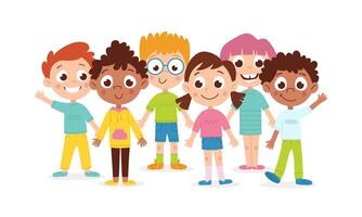 Group of happy international children. Boys and girls. Vector flat cartoon illustration isolated on white