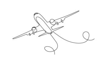 Continuous line of a flying airplane. Line art. Black simple line on a white background. Vector linear illustration