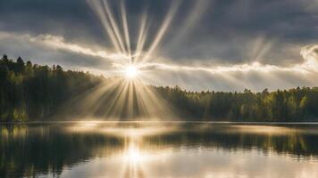 ai generado soleado rayos de ligero en un lago - 1 foto