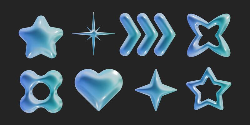 Set of Y2k vector geometric 3D render chrome shapes trendy retro futuristic design elements, infographic shapes. Modern concept with symbols and objects, star, heart illustration for UI and UX.