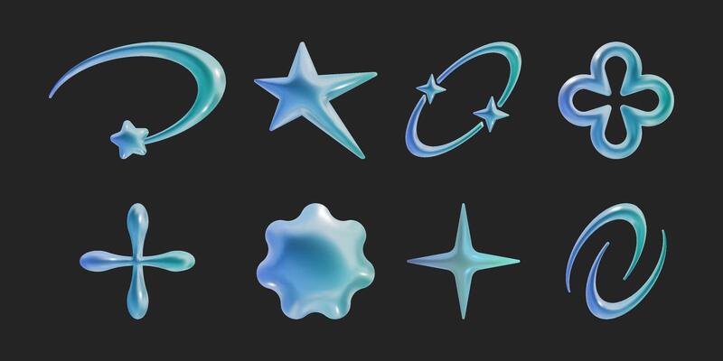 Set of Y2k geometric 3D render holographic shapes trendy retro futuristic design elements, infographic shapes. Modern concept with symbols and objects, star, heart Vector illustration for UI and UX
