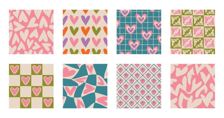 Aesthetic Retro Romantic printable groovy hearts seamless pattern. Decorative Hippie Naive 60's, 70's style Vintage modern background in minimalist style for fabric, wallpaper or wrapping