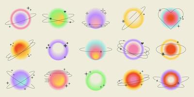 y2k estético borroso degradado aura corazones con lineal círculos, estrellas. de moda conjunto de moderno borroso cifras en brutalismo estilo. romántico transparente corazón elementos para social medios de comunicación fondo, carteles vector