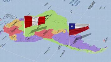 Perú y Chile bandera ondulación con el mundo mapa, sin costura lazo en viento, 3d representación video