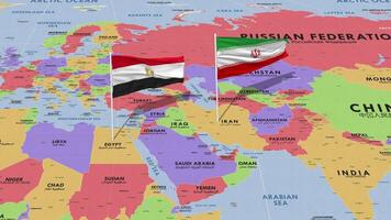 Iran and Egypt Flag Waving with The World Map, Seamless Loop in Wind, 3D Rendering video