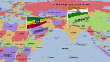 Ethiopia and India Flag Waving with The World Map, Seamless Loop in Wind, 3D Rendering video