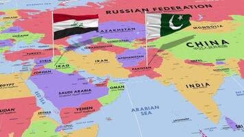 Irak y Pakistán bandera ondulación con el mundo mapa, sin costura lazo en viento, 3d representación video