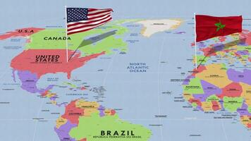 Morocco and United States Flag Waving with The World Map, Seamless Loop in Wind, 3D Rendering video