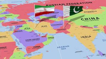 Iran and Pakistan Flag Waving with The World Map, Seamless Loop in Wind, 3D Rendering video