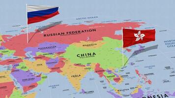 hong kong y Rusia bandera ondulación con el mundo mapa, sin costura lazo en viento, 3d representación video