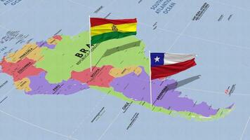 Bolívia e Chile bandeira acenando com a mundo mapa, desatado ciclo dentro vento, 3d Renderização video