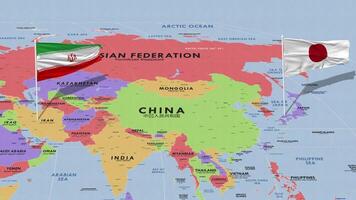 Iran and Japan Flag Waving with The World Map, Seamless Loop in Wind, 3D Rendering video