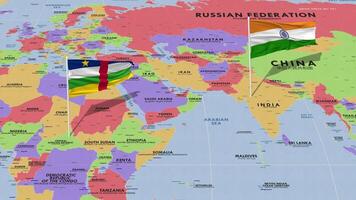 Central African Republic and India Flag Waving with The World Map, Seamless Loop in Wind, 3D Rendering video