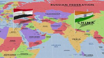 Egypt and India Flag Waving with The World Map, Seamless Loop in Wind, 3D Rendering video