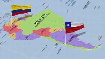 Colombia and Chile Flag Waving with The World Map, Seamless Loop in Wind, 3D Rendering video