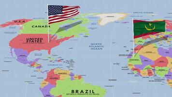 Mauritânia e Unidos estados bandeira acenando com a mundo mapa, desatado ciclo dentro vento, 3d Renderização video