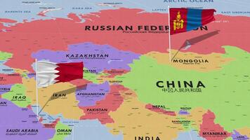 bahrein y Mongolia bandera ondulación con el mundo mapa, sin costura lazo en viento, 3d representación video