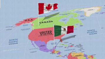 Mexico and Canada Flag Waving with The World Map, Seamless Loop in Wind, 3D Rendering video