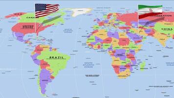 Iran and United States Flag Waving with The World Map, Seamless Loop in Wind, 3D Rendering video