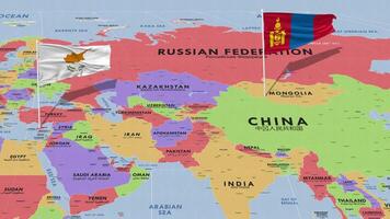 cypern och mongoliet flagga vinka med de värld Karta, sömlös slinga i vind, 3d tolkning video