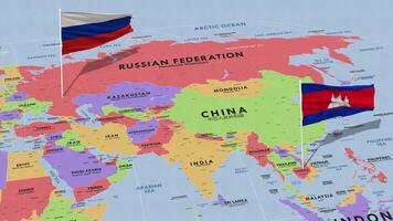 Camboya y Rusia bandera ondulación con el mundo mapa, sin costura lazo en viento, 3d representación video