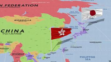 Hong Kong and Japan Flag Waving with The World Map, Seamless Loop in Wind, 3D Rendering video