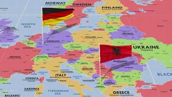 Albania y Alemania bandera ondulación con el mundo mapa, sin costura lazo en viento, 3d representación video