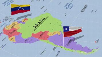 Chile and Bolivarian Republic of Venezuela Flag Waving with The World Map, Seamless Loop in Wind, 3D Rendering video