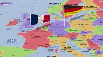 France and Germany Flag Waving with The World Map, Seamless Loop in Wind, 3D Rendering video