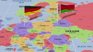 bielorrússia e Alemanha bandeira acenando com a mundo mapa, desatado ciclo dentro vento, 3d Renderização video