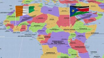 Sud Sudan e avorio costa bandiera agitando con il mondo carta geografica, senza soluzione di continuità ciclo continuo nel vento, 3d interpretazione video