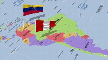 Perú y bolivariano república de Venezuela bandera ondulación con el mundo mapa, sin costura lazo en viento, 3d representación video