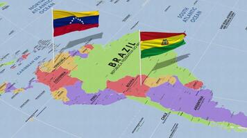 Bolívia e bolivariano república do Venezuela bandeira acenando com a mundo mapa, desatado ciclo dentro vento, 3d Renderização video