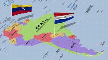 Paraguay and Bolivarian Republic of Venezuela Flag Waving with The World Map, Seamless Loop in Wind, 3D Rendering video