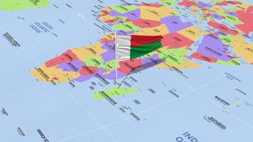 Madagascar Flag Waving in Wind, World Map Rotating around Flag, Seamless Loop, 3D Rendering video