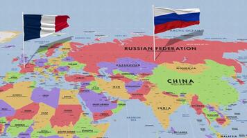 Rússia e França bandeira acenando com a mundo mapa, desatado ciclo dentro vento, 3d Renderização video