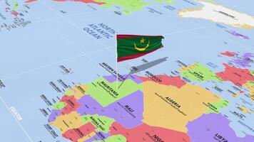 Mauritania bandera ondulación en viento, mundo mapa giratorio alrededor bandera, sin costura bucle, 3d representación video