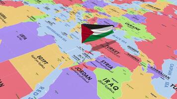 Palestina bandera ondulación en viento, mundo mapa giratorio alrededor bandera, sin costura bucle, 3d representación video