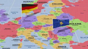 Kosovo y Alemania bandera ondulación con el mundo mapa, sin costura lazo en viento, 3d representación video