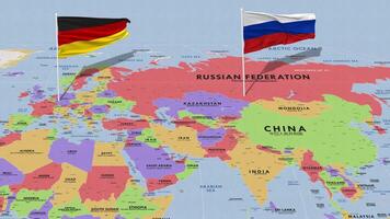 Russia e Germania bandiera agitando con il mondo carta geografica, senza soluzione di continuità ciclo continuo nel vento, 3d interpretazione video
