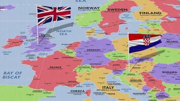 Croatia and United Kingdom Flag Waving with The World Map, Seamless Loop in Wind, 3D Rendering video