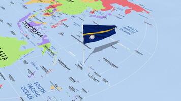 Nauru Flagge winken im Wind, Welt Karte rotierend um Flagge, nahtlos Schleife, 3d Rendern video